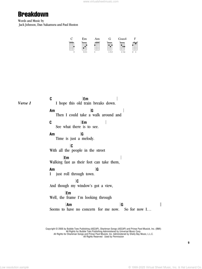 Breakdown sheet music for ukulele (chords) by Jack Johnson, Dan Nakamura and Paul Huston, intermediate skill level