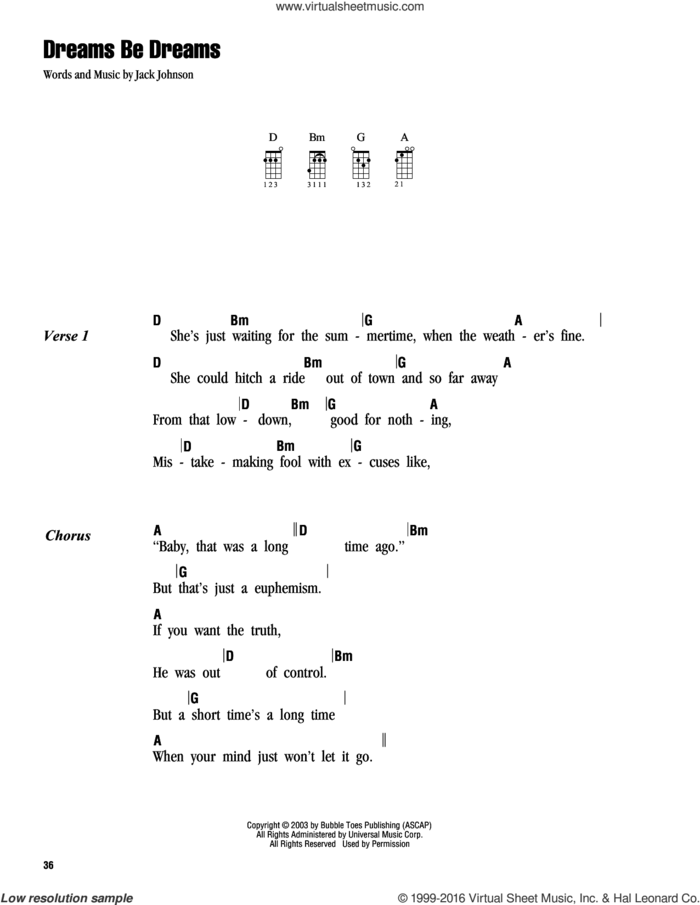 Dreams Be Dreams sheet music for ukulele (chords) by Jack Johnson, intermediate skill level