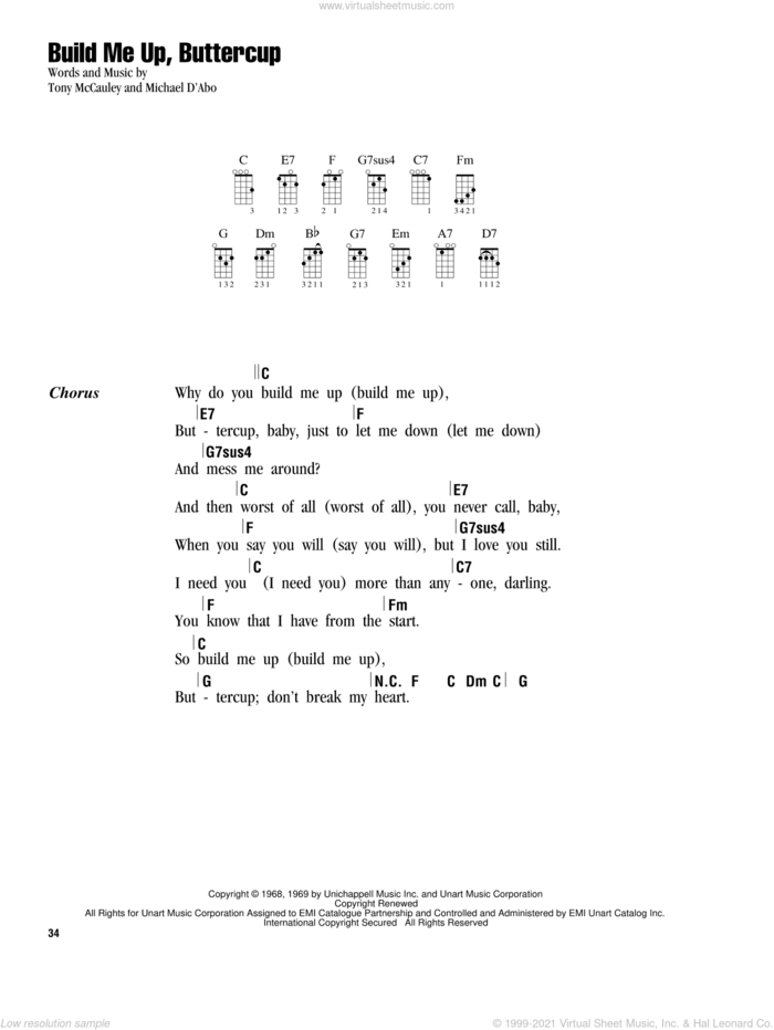 Build Me Up, Buttercup sheet music for ukulele (chords) by The Foundations and Tony MacAuley, intermediate skill level