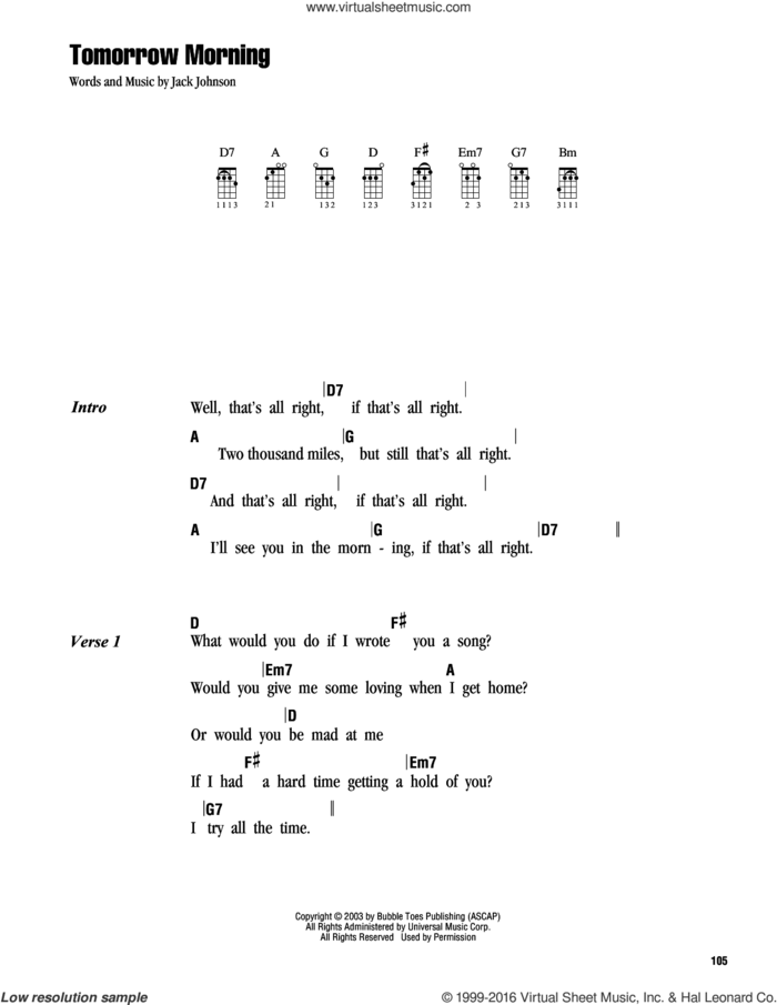 Tomorrow Morning sheet music for ukulele (chords) by Jack Johnson, intermediate skill level