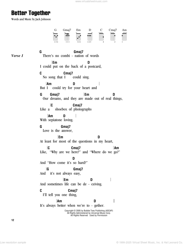 Better Together sheet music for ukulele (chords) by Jack Johnson, intermediate skill level