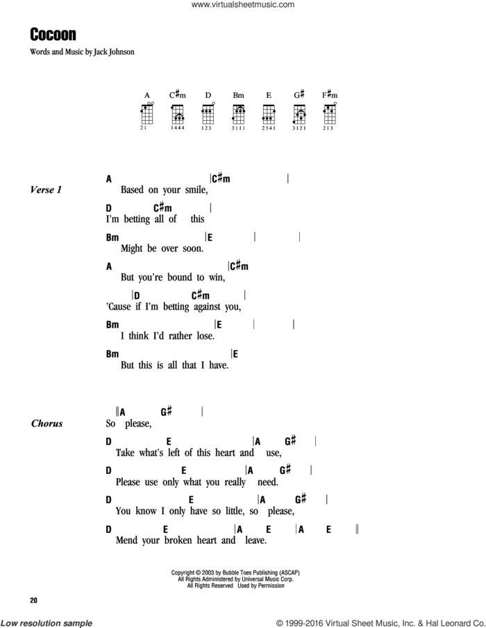 Cocoon sheet music for ukulele (chords) by Jack Johnson, intermediate skill level