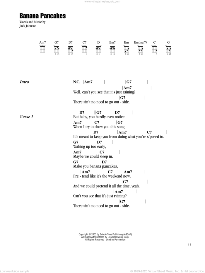 Banana Pancakes sheet music for ukulele (chords) by Jack Johnson, intermediate skill level