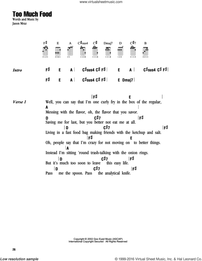 Too Much Food sheet music for ukulele (chords) by Jason Mraz, intermediate skill level