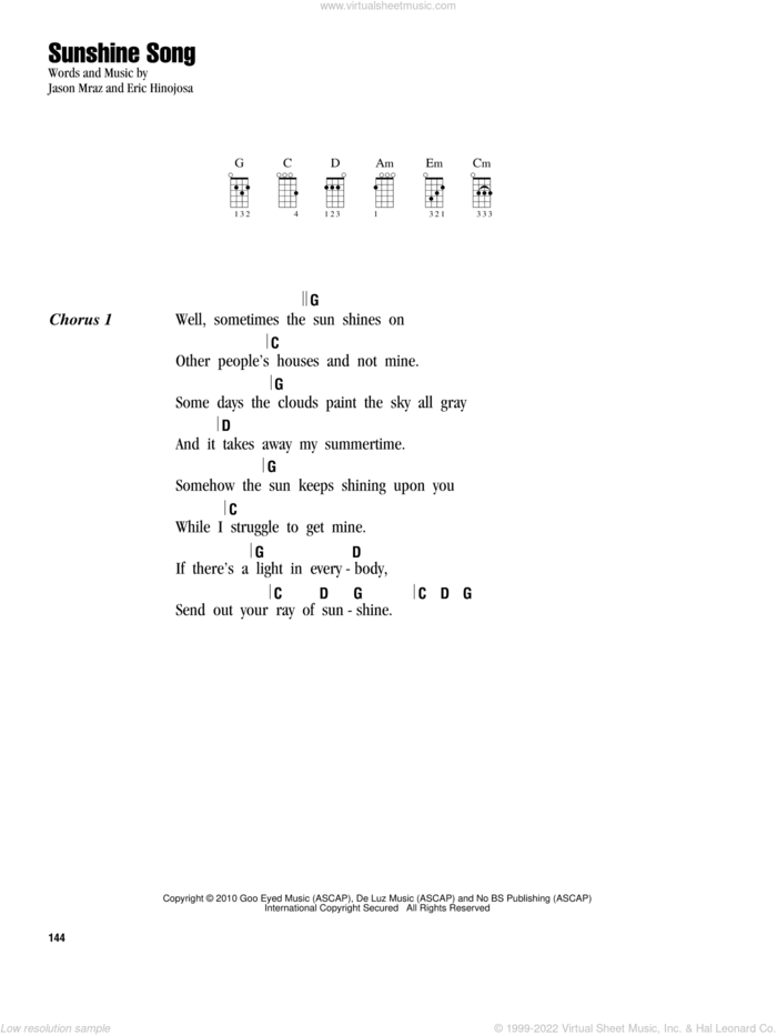Sunshine Song sheet music for ukulele (chords) by Jason Mraz and Eric Hinojosa, intermediate skill level
