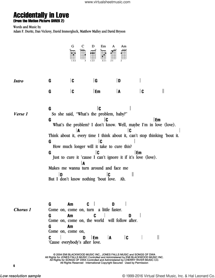 Accidentally In Love sheet music for ukulele (chords) by Counting Crows, Adam Duritz, Dan Vickrey, David Bryson, David Immergluck and Matthew Malley, intermediate skill level
