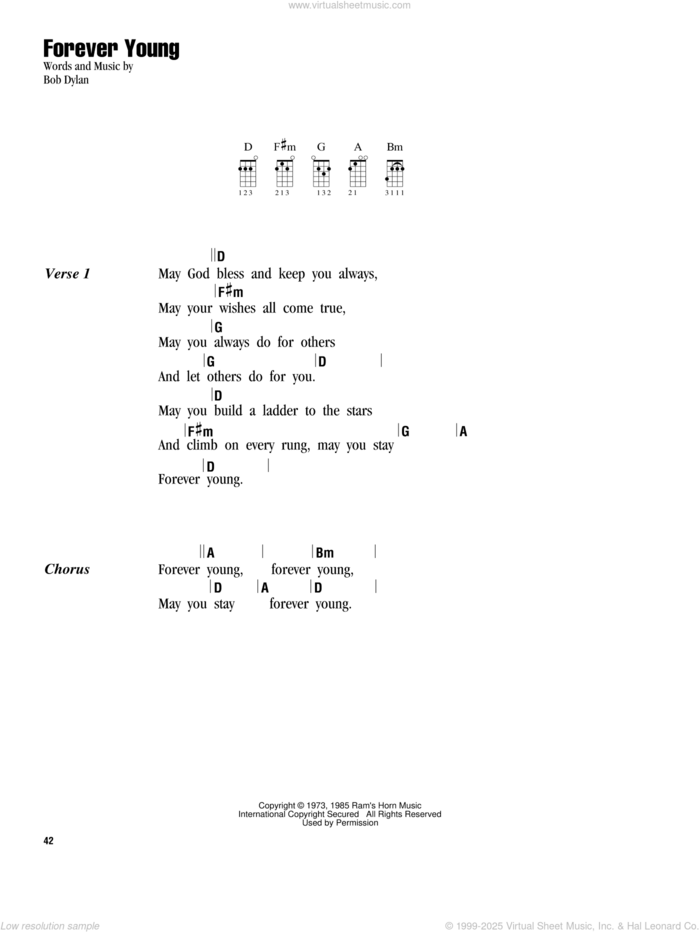 Forever Young sheet music for ukulele (chords) by Bob Dylan, intermediate skill level