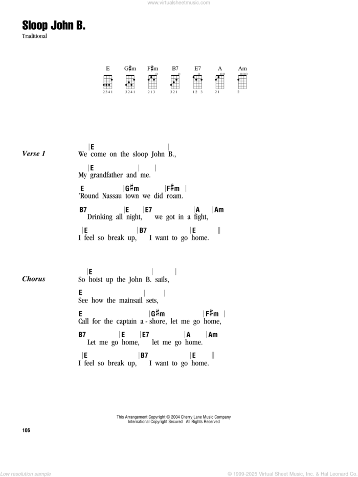 Sloop John B. sheet music for ukulele (chords), intermediate skill level