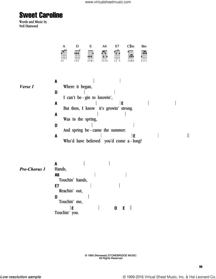 Sweet Caroline sheet music for ukulele (chords) by Neil Diamond, intermediate skill level