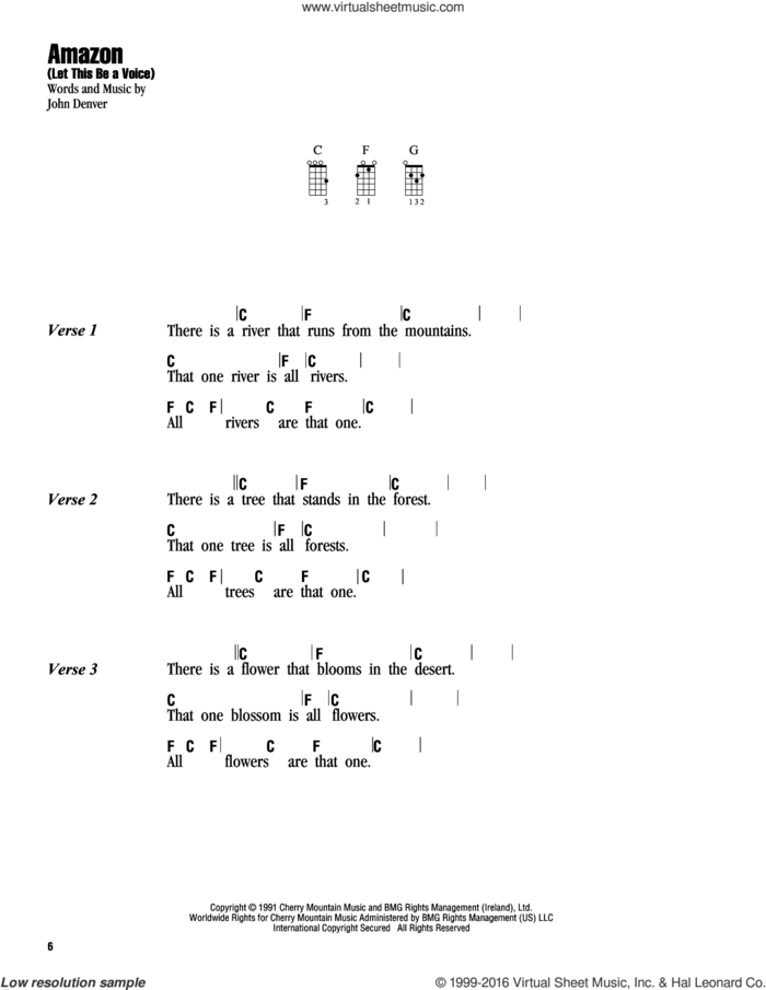 Amazon (Let This Be A Voice) sheet music for ukulele (chords) by John Denver, intermediate skill level