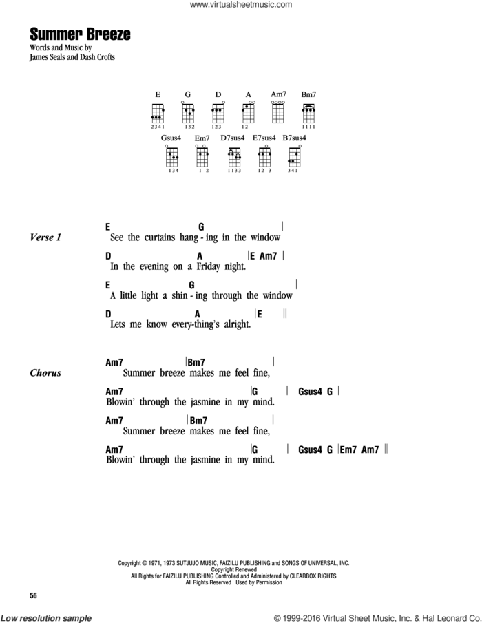 Summer Breeze sheet music for ukulele (chords) by Seals & Crofts, Dash Crofts and James Seals, intermediate skill level