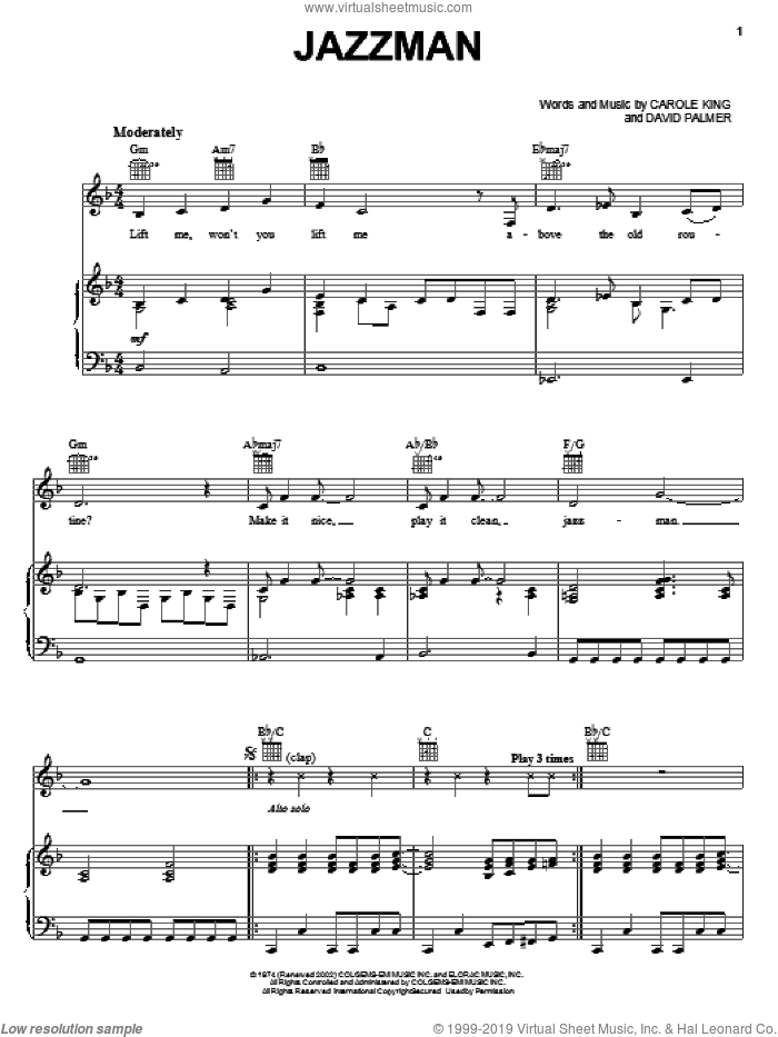 Jazzman sheet music for voice, piano or guitar by Carole King and David Palmer, intermediate skill level