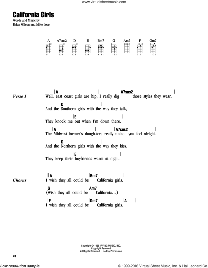 California Girls sheet music for ukulele (chords) by The Beach Boys, David Lee Roth, Brian Wilson and Mike Love, intermediate skill level