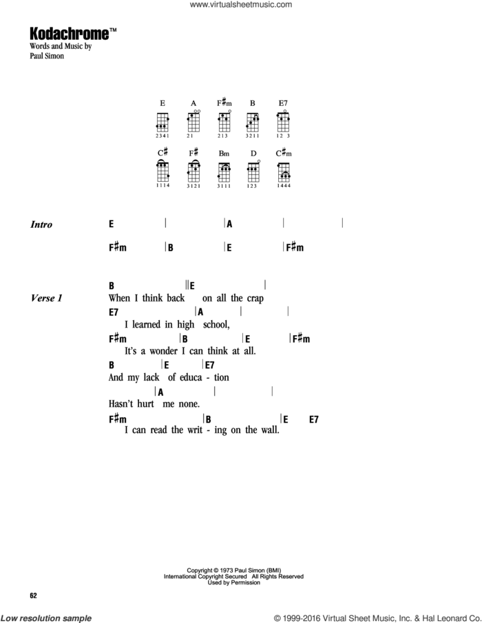 Kodachrome TM sheet music for ukulele (chords) by Simon & Garfunkel and Paul Simon, intermediate skill level