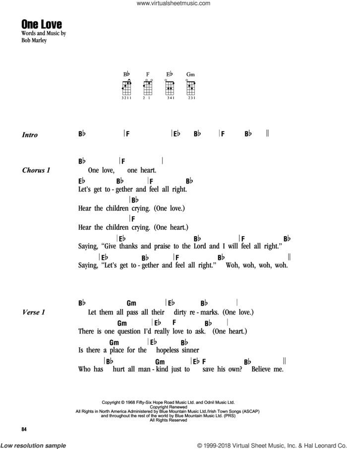 One Love sheet music for ukulele (chords) by Bob Marley, intermediate skill level