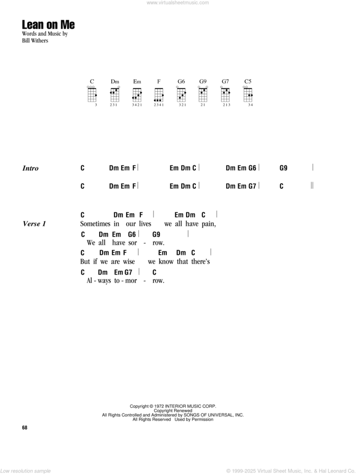 Lean On Me sheet music for ukulele (chords) by Bill Withers and Club Nouveau, intermediate skill level