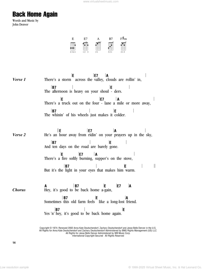 Back Home Again sheet music for ukulele (chords) by John Denver, intermediate skill level