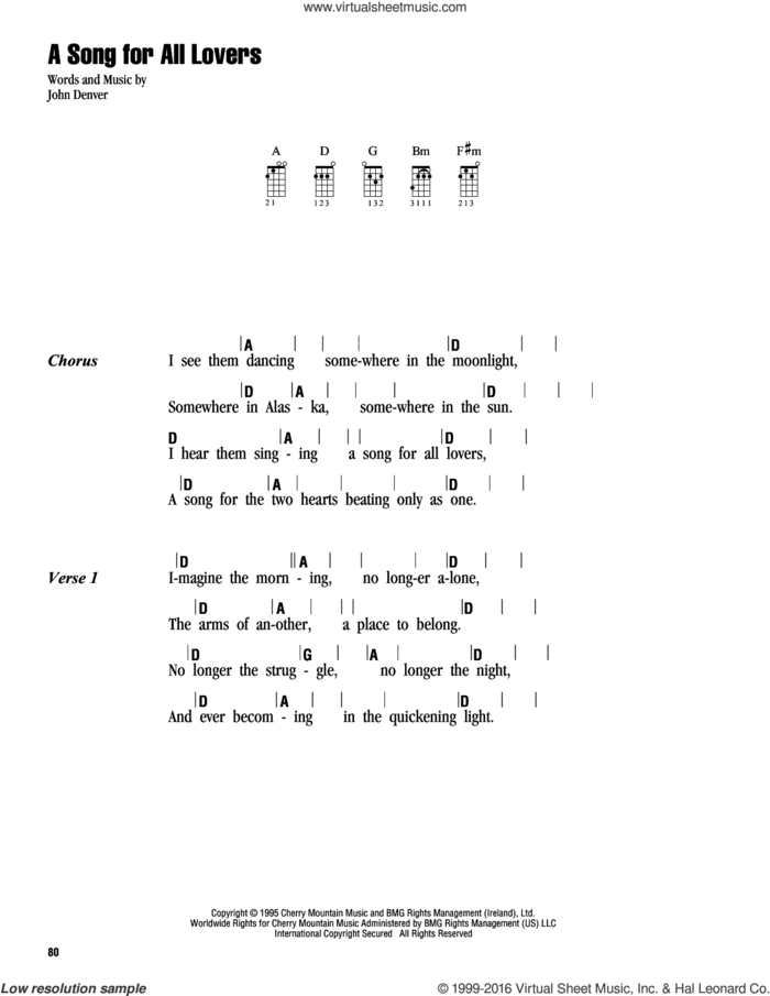 A Song For All Lovers sheet music for ukulele (chords) by John Denver, intermediate skill level