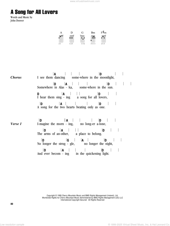 A Song For All Lovers sheet music for ukulele (chords) by John Denver, intermediate skill level