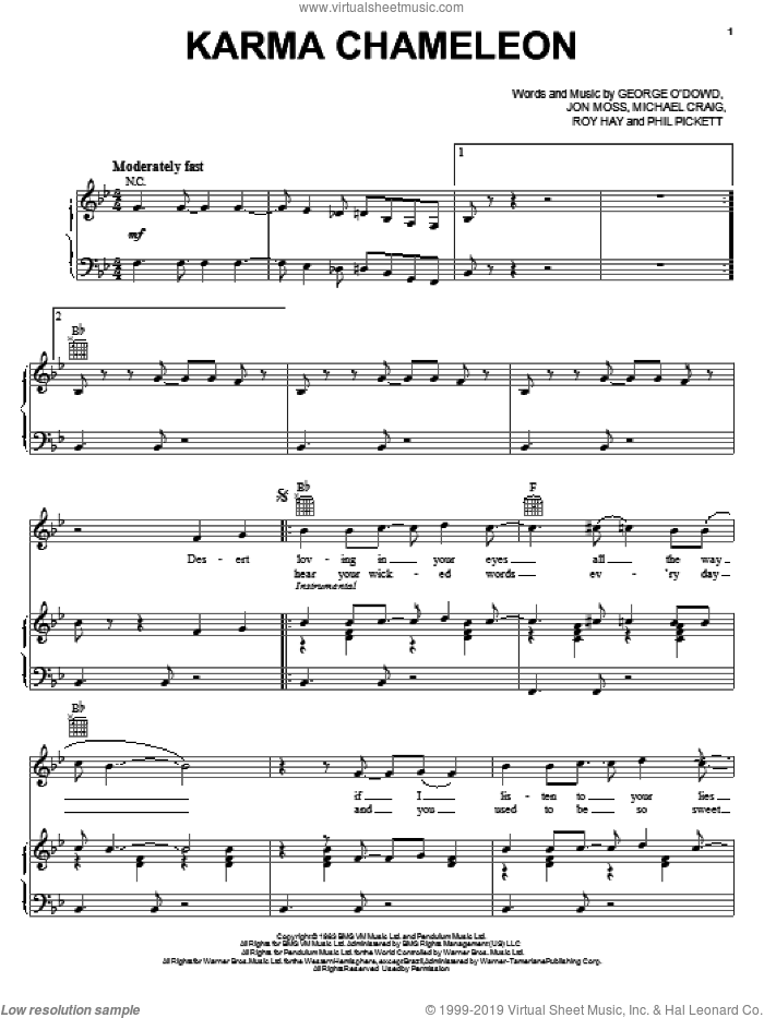 Karma Chameleon sheet music for voice, piano or guitar by Culture Club, John Moss, Michael Craig, Phil Pickett and Roy Hay, intermediate skill level