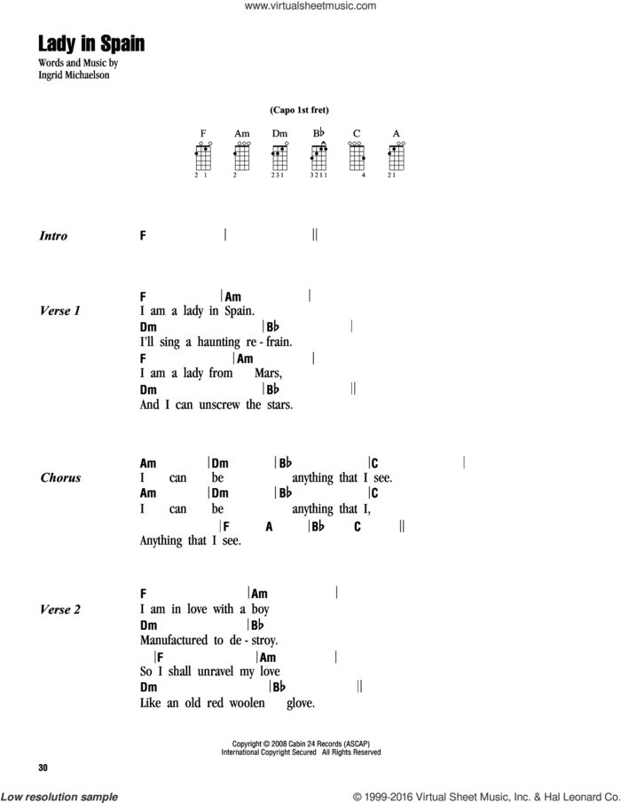 Lady In Spain sheet music for ukulele (chords) by Ingrid Michaelson, intermediate skill level