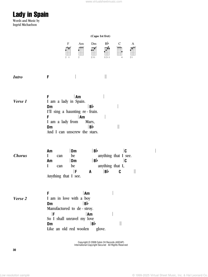 Lady In Spain sheet music for ukulele (chords) by Ingrid Michaelson, intermediate skill level