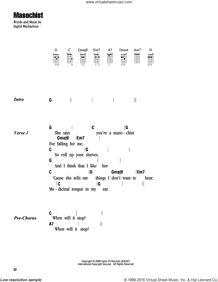 Masochist sheet music for ukulele (chords) by Ingrid Michaelson, intermediate skill level