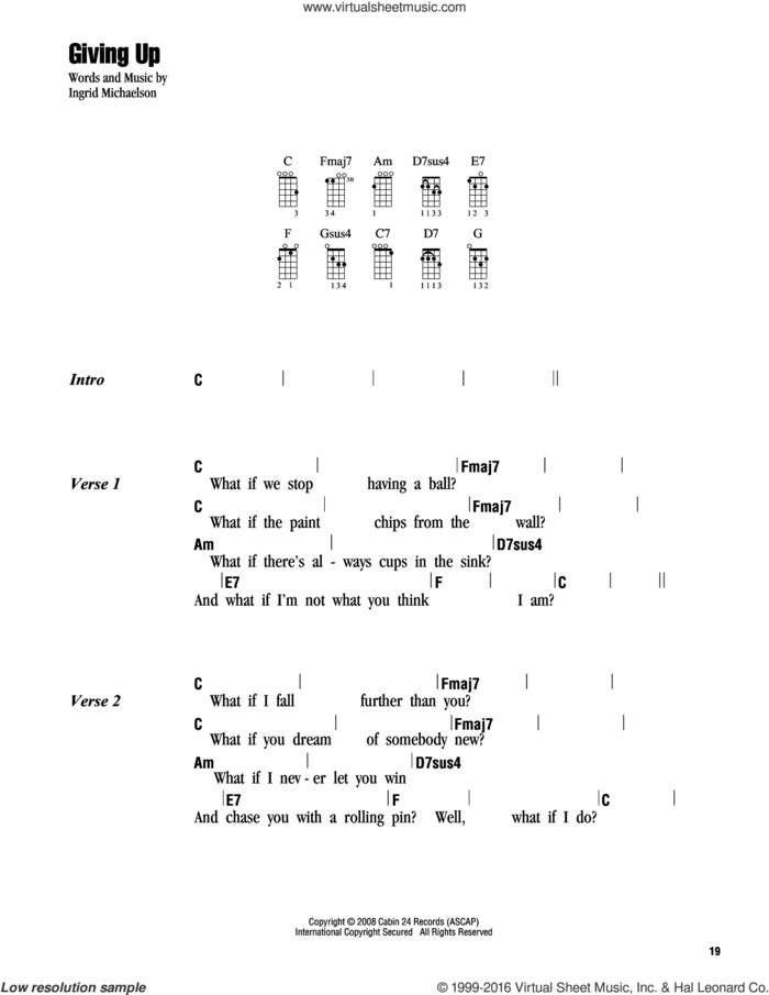 Giving Up sheet music for ukulele (chords) by Ingrid Michaelson, intermediate skill level