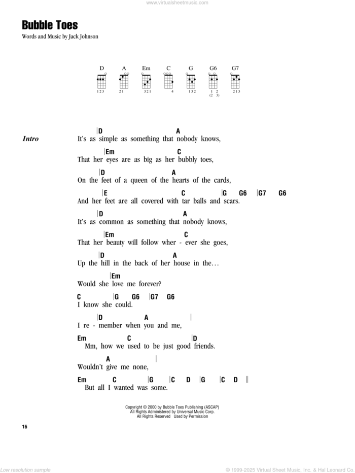 Bubble Toes sheet music for ukulele (chords) by Jack Johnson, intermediate skill level