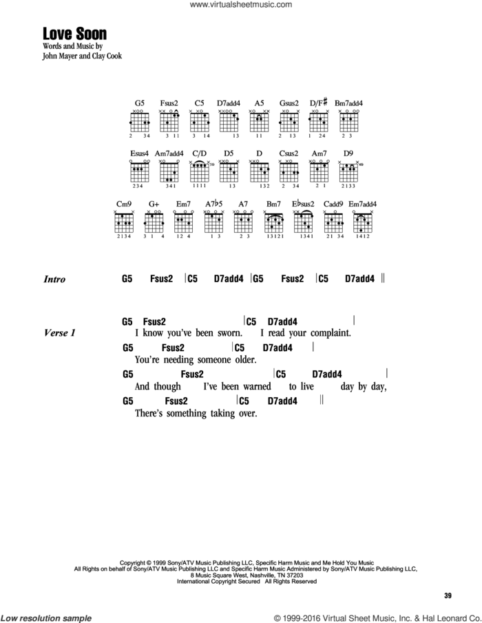 Love Soon sheet music for guitar (chords) by John Mayer and Clay Cook, intermediate skill level