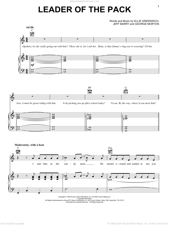 Leader Of The Pack sheet music for voice, piano or guitar by The Shangri-Las, Twisted Sister, Ellie Greenwich, George Morton and Jeff Barry, intermediate skill level