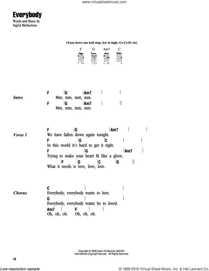 Everybody sheet music for ukulele (chords) by Ingrid Michaelson, intermediate skill level