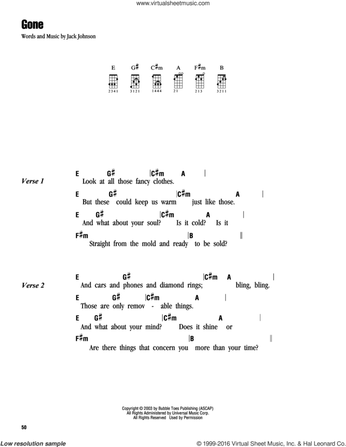 Gone sheet music for ukulele (chords) by Jack Johnson, intermediate skill level