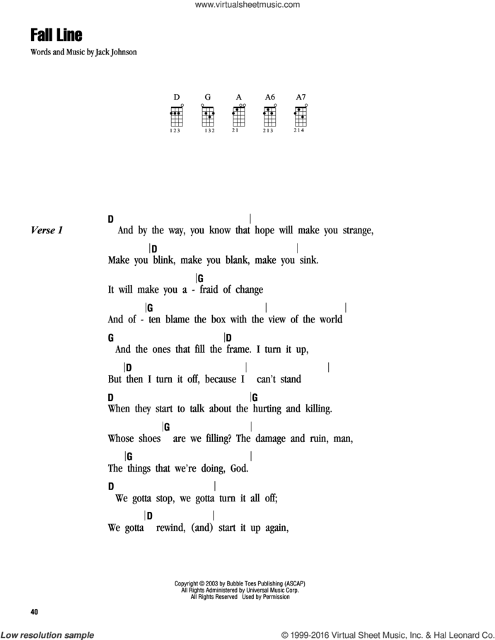 Fall Line sheet music for ukulele (chords) by Jack Johnson, intermediate skill level