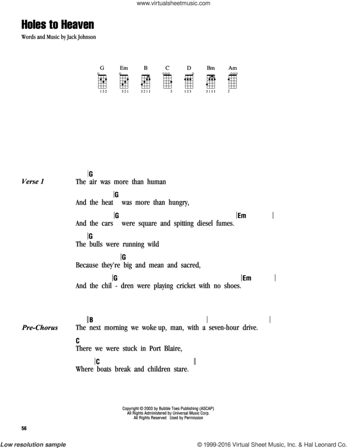 Holes To Heaven sheet music for ukulele (chords) by Jack Johnson, intermediate skill level