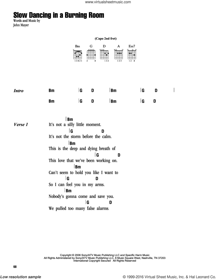 Slow Dancing In A Burning Room sheet music for guitar (chords) by John Mayer, intermediate skill level