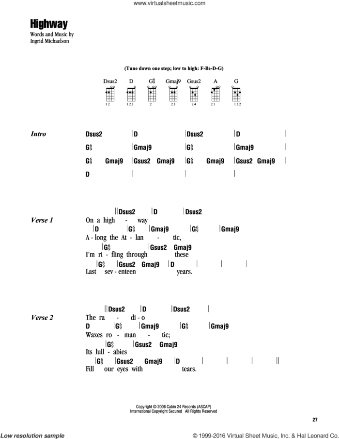 Highway sheet music for ukulele (chords) by Ingrid Michaelson, intermediate skill level
