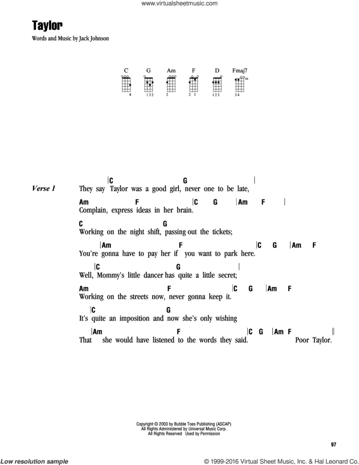 Taylor sheet music for ukulele (chords) by Jack Johnson, intermediate skill level