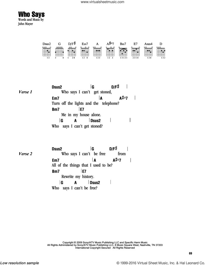 Who Says sheet music for guitar (chords) by John Mayer, intermediate skill level