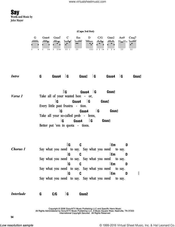 Say sheet music for guitar (chords) by John Mayer, intermediate skill level