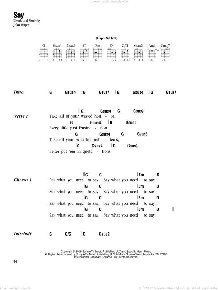 Say sheet music for guitar (chords) by John Mayer, intermediate skill level