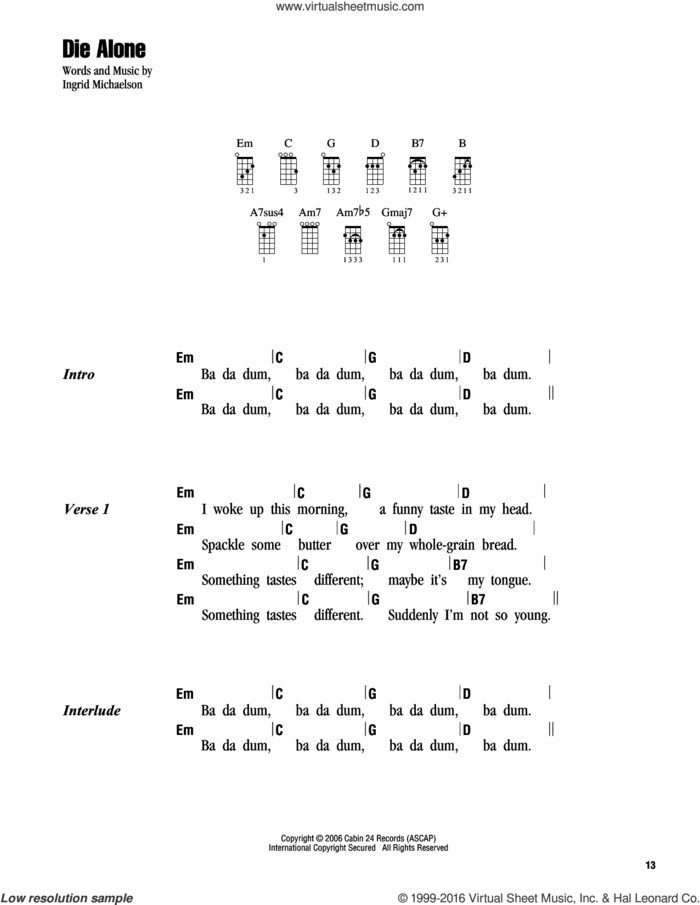 Die Alone sheet music for ukulele (chords) by Ingrid Michaelson, intermediate skill level