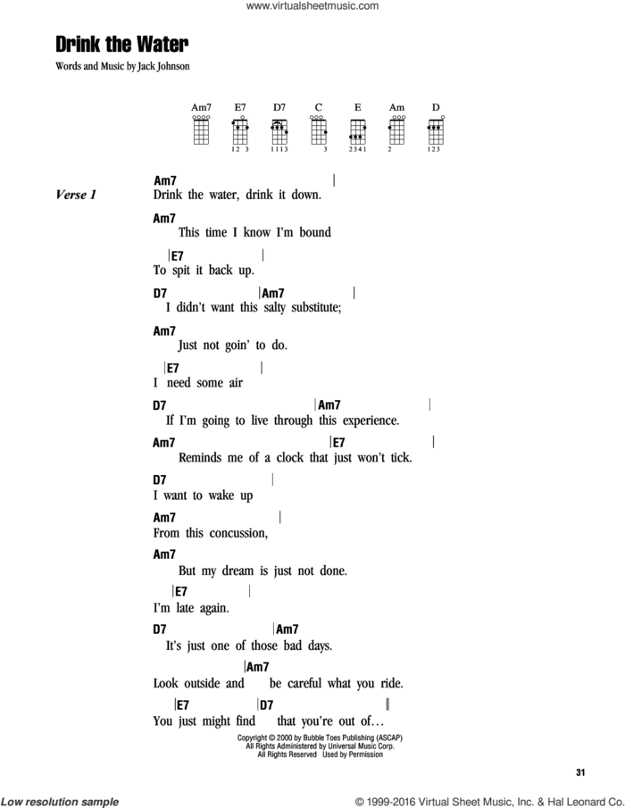 Drink The Water sheet music for ukulele (chords) by Jack Johnson, intermediate skill level