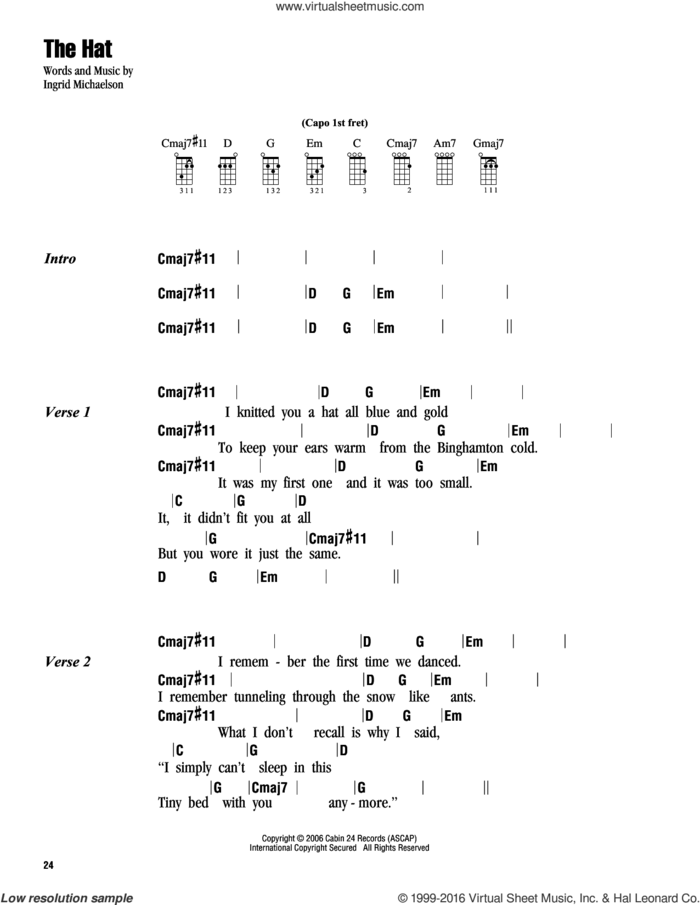 The Hat sheet music for ukulele (chords) by Ingrid Michaelson, intermediate skill level