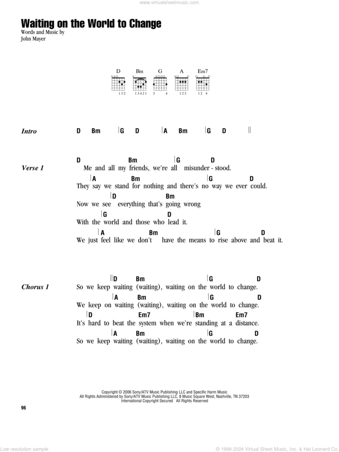 Waiting On The World To Change sheet music for guitar (chords) by John Mayer, intermediate skill level