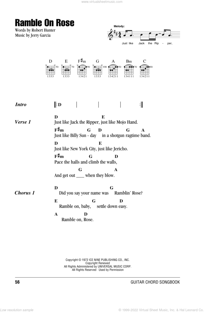 Ramble On Rose sheet music for guitar (chords) by Grateful Dead, Jerry Garcia and Robert Hunter, intermediate skill level