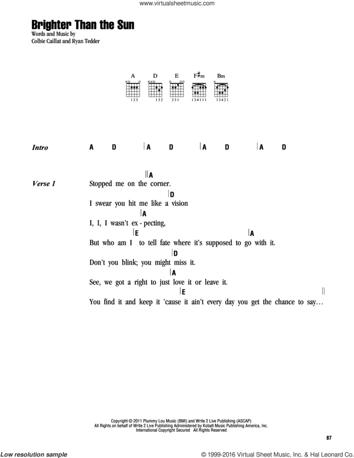 Brighter Than The Sun sheet music for guitar (chords) by Colbie Caillat and Ryan Tedder, intermediate skill level