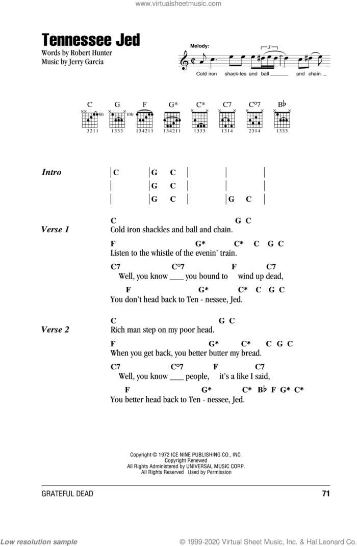 Tennessee Jed sheet music for guitar (chords) by Grateful Dead, Jerry Garcia and Robert Hunter, intermediate skill level