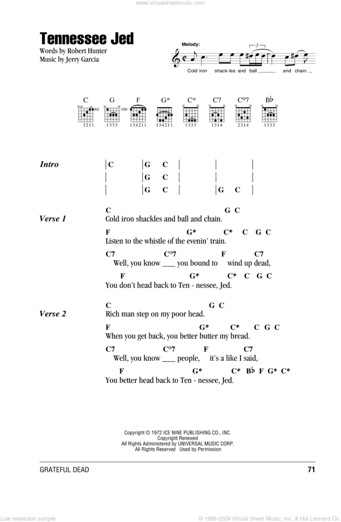 Tennessee Jed sheet music for guitar (chords) by Grateful Dead, Jerry Garcia and Robert Hunter, intermediate skill level