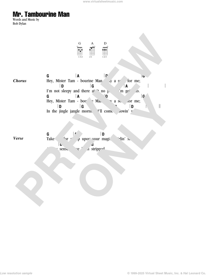 Mr. Tambourine Man sheet music for ukulele (chords) by Bob Dylan, intermediate skill level